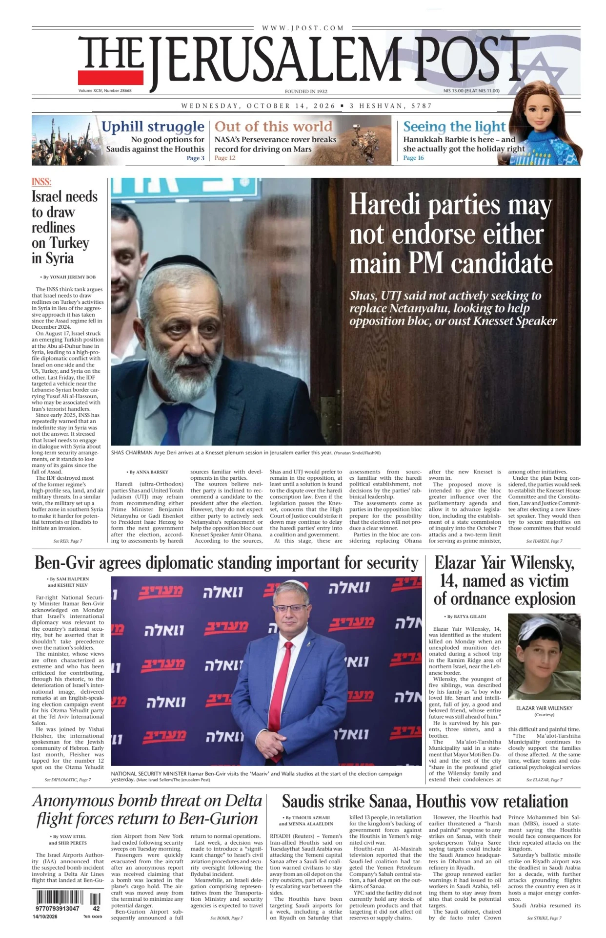 Prima-pagina-the jerusalem post-edizione-di-oggi-14-10-2026